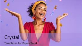  Presentation with celebration - Colorful PPT layouts enhanced with joyful african woman in dress backdrop and a light blue colored foreground
