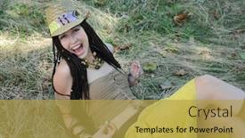  Presentation with hippie - Cool new slide deck with joyful-amazing-hippie-style-woman backdrop and a yellow colored foreground