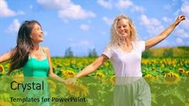  Presentation with holding hands - Amazing PPT theme having joyful and smiling among sunflowers backdrop and a gold colored foreground