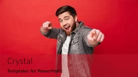  Presentation with jeans - Amazing PPT theme having joyful-bearded-man-30s and a crimson colored foreground