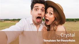  Presentation with dating - Amazing PPT layouts having joyful beautiful couple man and woman dating and taking selfie together while walking outdoor through field backdrop and a coral colored foreground