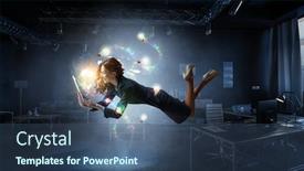  Presentation with joyful - Colorful slide set enhanced with joyful-beautiful-young-levitating-businesswoman backdrop and a ocean colored foreground