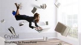  Presentation with joyful - PPT layouts enhanced with joyful-beautiful-young-levitating-businesswoman background and a light gray colored foreground