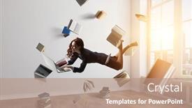  Presentation with joyful - PPT layouts having joyful-beautiful-young-levitating-businesswoman background and a coral colored foreground