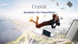  Presentation with joyful - Colorful slide deck enhanced with joyful-beautiful-young-levitating-businesswoman backdrop and a sky blue colored foreground