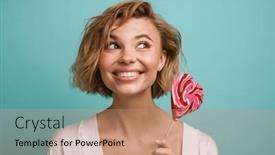  Presentation with lollipop - Slide set consisting of joyful-beautiful-young-woman-posing background and a coral colored foreground