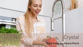  Presentation with joyful - Presentation design having joyful-blonde-woman-smiling background and a coral colored foreground