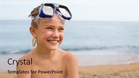  Presentation with scuba diving - Amazing PPT theme having joyful boy on the beach in a mask for scuba diving backdrop and a coral colored foreground