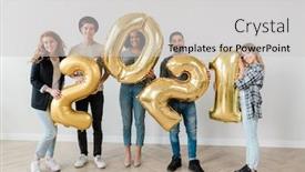  Presentation with next year - Presentation theme featuring joyful boyfriends and girlfriends in casualwear standing on the floor by wall and showing number of the next year background and a light gray colored foreground