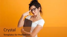  Presentation with basic - Slides consisting of joyful brunette woman in basic background and a  colored foreground