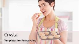  Presentation with muffins - Cool new slides with joyful brunette woman showing muffins while eating one in a kitchen backdrop and a lemonade colored foreground