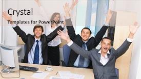  Presentation with joyful - Colorful PPT layouts enhanced with celebration work - joyful business team in office backdrop and a  colored foreground