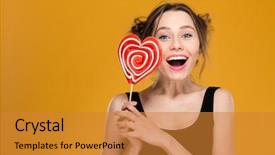  Presentation with candy heart - Audience pleasing presentation design consisting of joyful charming young woman holding bright heart shaped candy and laughing over yellow background backdrop and a gold colored foreground