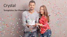  Presentation with birthday cake - Slide set consisting of joyful couple holding a birthday background and a mint green colored foreground