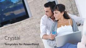  Presentation with computer room - PPT layouts consisting of joyful couple relax and work on laptop computer at modern living room indoor home background and a light gray colored foreground