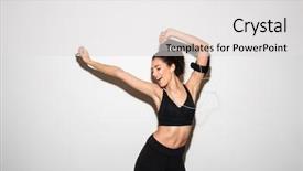  Presentation with listening woman - Beautiful presentation design featuring joyful curly brunette fitness woman backdrop and a light gray colored foreground