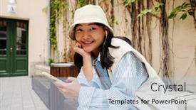  Presentation with asian music - Slide set enhanced with joyful-cute-asian-girl-wearing background and a light blue colored foreground