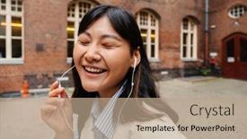  Presentation with asian music - Presentation theme consisting of joyful-cute-asian-girl background and a coral colored foreground