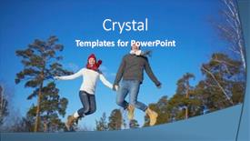  Presentation with knitted clothes - Presentation theme consisting of joyful dates in knitted clothes jumping in winter park or forest background and a teal colored foreground