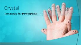  Presentation with colorful finger painted hands - Cool new PPT layouts with joyful-fingers-smiling-with-colorful backdrop and a cyan colored foreground