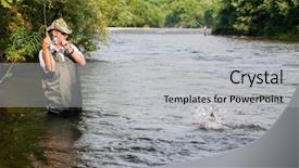  Presentation with pink river - Slide set with joyful fisherman fishes salmon pink salmon on the mountain river far east russia background and a light gray colored foreground