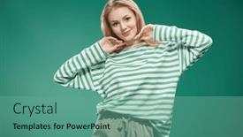  Trousers PPT template - PPT layouts having joyful-girl-in-green-trousers and a seafoam green colored foreground