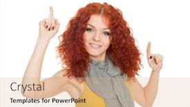  Presentation with points - Colorful presentation theme enhanced with joyful girl points fingers up backdrop and a coral colored foreground