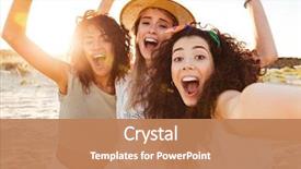  Presentation with girl scouts explorer summer - PPT layouts with joyful girls friends in summer background and a coral colored foreground