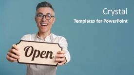  Presentation with banner blue - Colorful slide set enhanced with joyful-grey-haired-man backdrop and a teal colored foreground