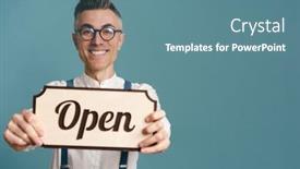  Presentation with banner blue - PPT theme featuring joyful-grey-haired-man background and a seafoam green colored foreground