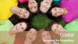  Presentation with group of happy couples - Beautiful PPT theme featuring joyful group of young friends backdrop and a coral colored foreground