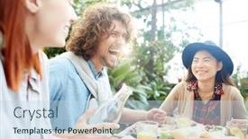  Presentation with lemonade - Presentation theme having joyful guy with bottle of lemonade laughing during talk to his friends by festive table background and a sky blue colored foreground