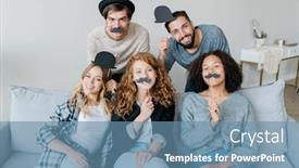  Presentation with heads - Presentation theme with joyful guys and girls holding moustaches and hats on sticks by their mouths and heads while having fun at home background and a teal colored foreground