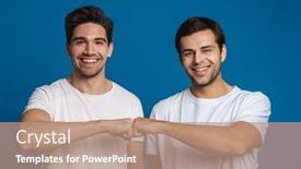  Presentation with joyful - Colorful PPT theme enhanced with joyful-handsome-friends-guys-smiling backdrop and a coral colored foreground