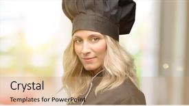  Presentation with cook chef - Beautiful presentation design featuring joyful invitation - beautiful cook woman chef confident backdrop and a coral colored foreground