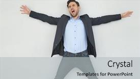  Presentation with joy - Slide deck enhanced with joyful invitation - business man jumping with joy background and a light gray colored foreground