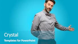  Presentation with fixing his black bow tie - Cool new presentation design with joyful invitation - middle age man with beard backdrop and a  colored foreground