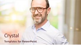  Presentation with elegant man in glasses optics - Audience pleasing presentation theme consisting of joyful invitation - middle age man with glasses backdrop and a lemonade colored foreground