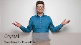  Presentation with baking light waem and a soft gre - Theme consisting of joyful invitation - portrait of laughing casual man background and a light gray colored foreground