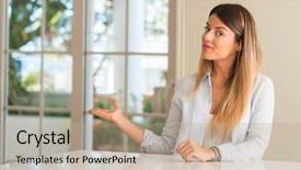 Presentation with confident - Presentation design enhanced with joyful invitation - young beautiful woman at home background and a  colored foreground