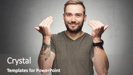  Presentation with invitation - Cool new presentation with joyful invitation - young handsome man raising his backdrop and a gray colored foreground