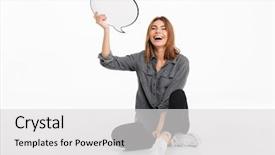 Presentation with joyful - Slide deck with joyful laughing girl holding background and a light gray colored foreground