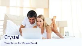  Presentation with lovers - PPT layouts having joyful lovers using laptop lying on bed at home background and a sky blue colored foreground