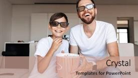  Presentation with movie popcorn - PPT theme consisting of joyful man 30s and boy background and a coral colored foreground