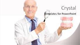  Presentation with denture - Slide set consisting of joyful mature dentist holding a denture and a magnifying glass and looking at the camera isolated on white background background and a sky blue colored foreground