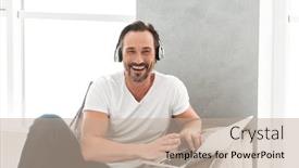  Presentation with computer music - Presentation design featuring joyful mature man listening to music with headphones while sitting on a sofa at home with laptop computer background and a mint green colored foreground