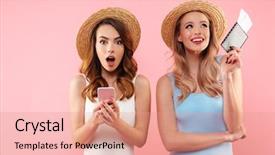  Presentation with hands holding - Beautiful PPT theme featuring joyful mood - two gorgeous happy women backdrop and a coral colored foreground