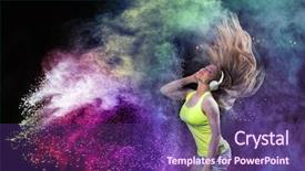  Presentation with music headphones - PPT theme with joyful mood - young woman listening music background and a violet colored foreground