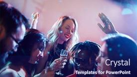  Presentation with flutes - Presentation featuring joyful multiethnic friends holding champagne flutes in hands and dancing with raised hands in trendy night club background and a navy blue colored foreground