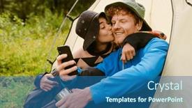  Presentation with tent - PPT layouts enhanced with joyful-multiethnic-tourist-couple-wearing background and a ocean colored foreground